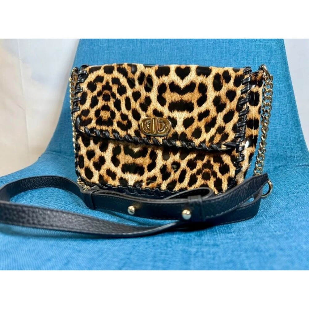LAGGO Victoria Leopard Leather Crossbody Bag Gold Chain Turn Lock
